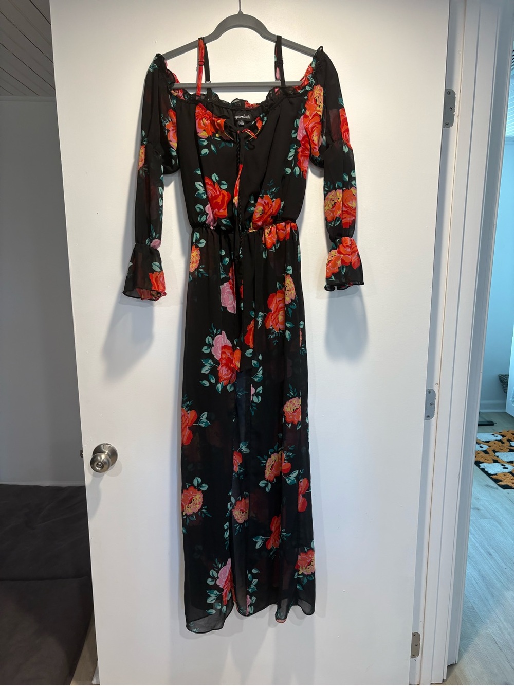 Sequin Hearts Black Floral Off-Shoulder Jumpsuit with Red & Pink Flowers